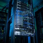 Modern Data Center Server Rack Detail With Blinking LED Indicators