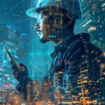 Стокове фото A construction engineer examines data on a smartphone amid a vibrant, modern city skyline illuminated at night _ Adobe Stock